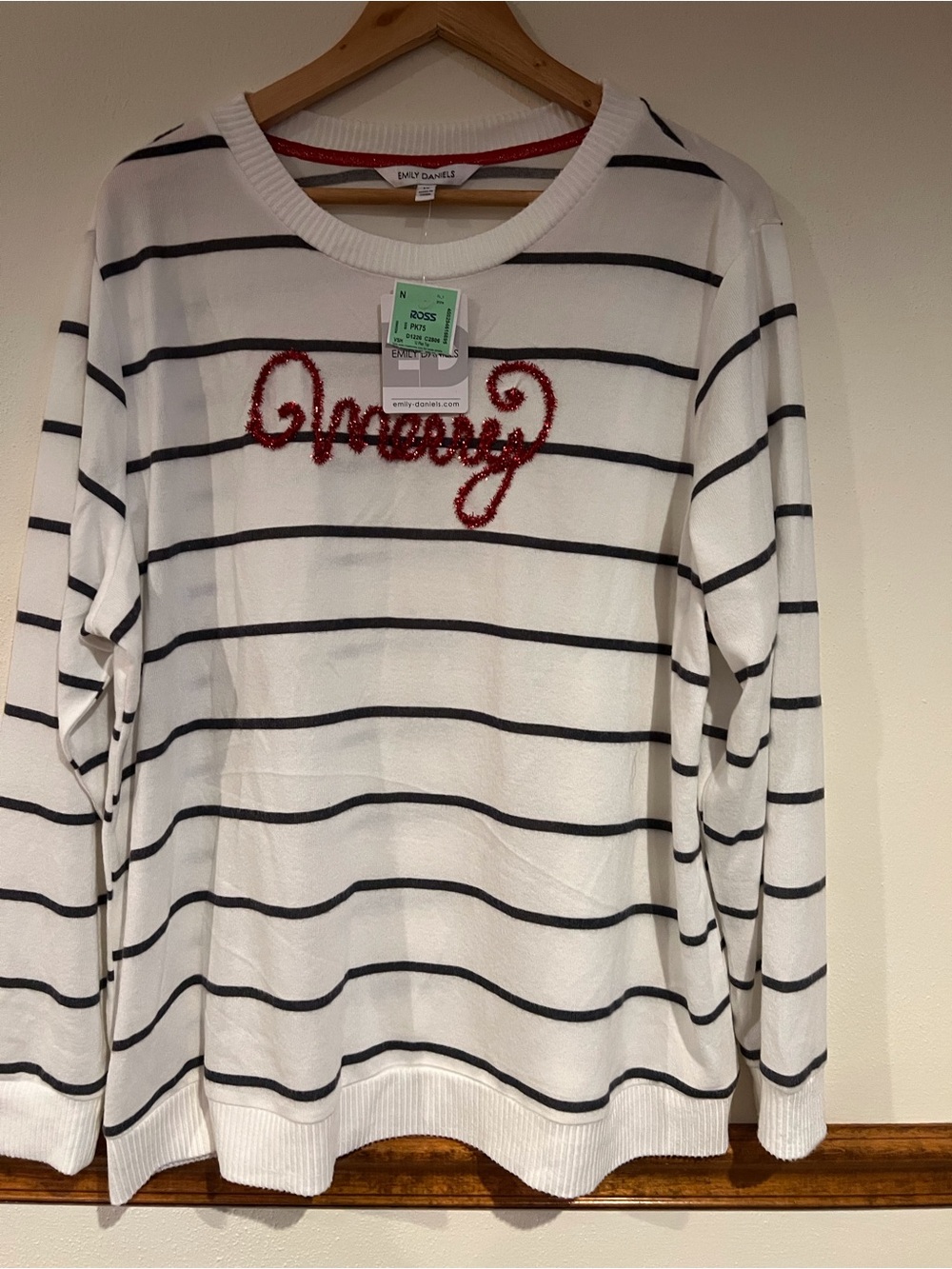 White Stripe Christmas Sweater with Red 'Merry' Accent